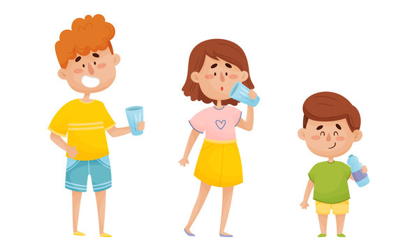 People Characters Standing and Drinking Still Mineral Water from Plastic Bottle Vector Illustrations Set