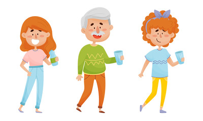 People Characters Standing and Drinking Still Mineral Water from Plastic Bottle Vector Illustrations Set