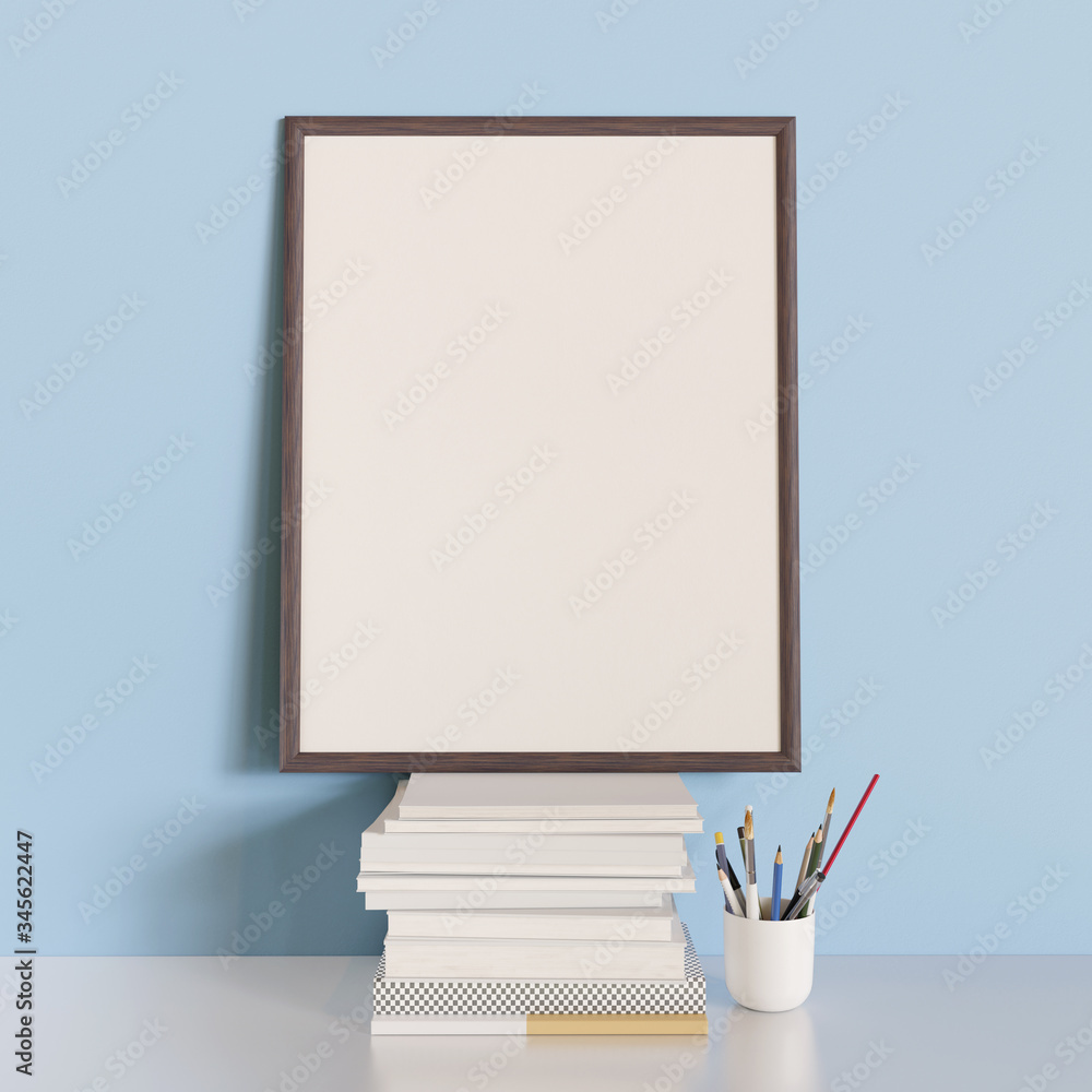 Aufkleber mock up poster standing on a stack of books. blue wall background and white desk. 3d render. 3d illu