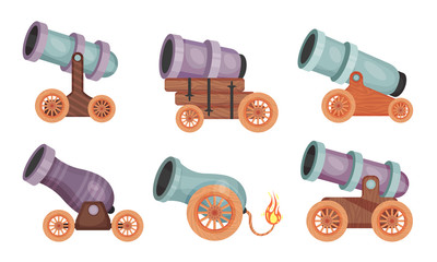 Cannon with Wooden Wheeled Gun Carriages Vector Set