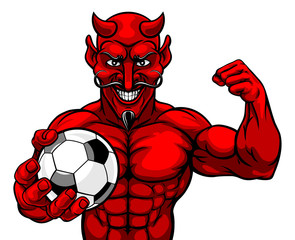 A devil Satan Soccer Football sports mascot cartoon character man holding a ball