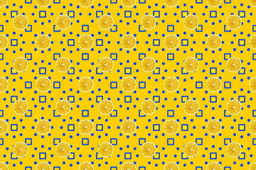 Seamless pattern of lemon slices on a colored graphic background with a pattern. pattern