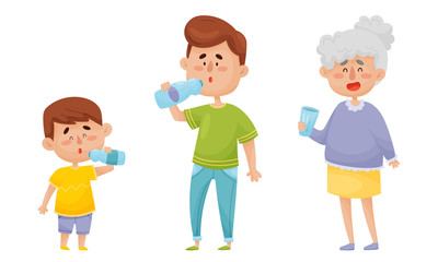 People Characters Standing and Drinking Still Mineral Water from Plastic Bottle Vector Illustrations Set