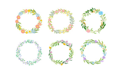 Floral Wreaths with Leafy Tree Branches and Blooming Summer Flowers Vector Set