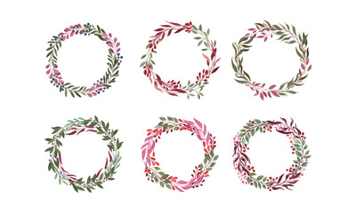 Floral Wreaths with Leafy Berry Twigs and Branches Vector Set