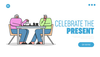 Elderly People Leisure Website Landing Page. Retirement People Play Chess And Have Fun. Elderly People Sitting At The Table With Chessboard. Web Page Cartoon Linear Outline Flat Vector Illustration