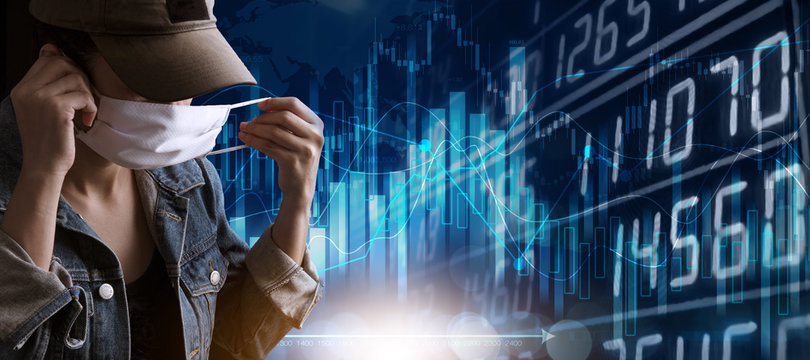 Woman wearing a mask isolated on blue graph chart of stock market investment with indicator and volume trade, Financial data on a monitor.