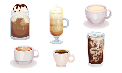 Coffee Beverage or Cacao Drinks with Whipped Cream Poured in Glasses and Cups Vector Set
