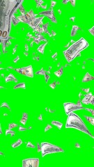 Flying dollars banknotes isolated on chromakey. Money is flying in the air. 100 US banknotes new sample. Vertical orientation. 3D illustration