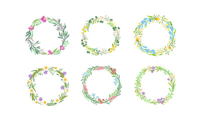 Floral Wreaths with Leafy Tree Branches and Blooming Summer Flowers Vector Set