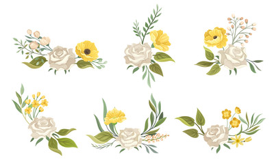 Flower Compositions with White Rose and Floral Leafy Branches Vector Set