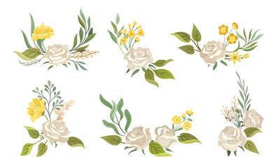 Flower Compositions with White Rose and Floral Leafy Branches Vector Set