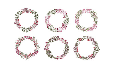 Floral Wreaths with Leafy Berry Twigs and Flower Branches Vector Set