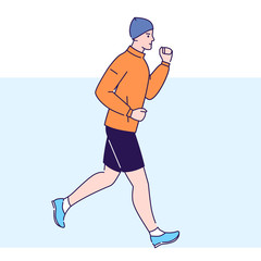 Man is running in park flat vector illustration. Outdoor workout. Healthy lifestyle and rest on nature. Isolated cartoon characters on a blue background
