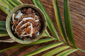 Tapioca pearls form sago tree. Still life photography of Thai dessert Sago palms with coconuts or...