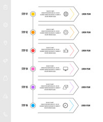 Infographic arrows with six steps, icons. Line vector template. Can be used for diagram, business, web, banner, workflow layout, presentations, flow chart, info graph, timeline, content, levels.
