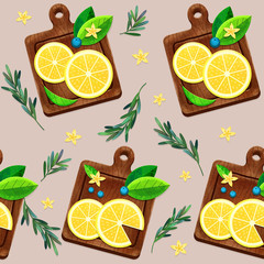 Seamless pattern on a beige background. Lemon slices on a cutting board. Sprigs of rosemary and flowers.
