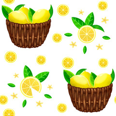 Seamless pattern. Lemons in a basket with juicy leaves and lemon slices.