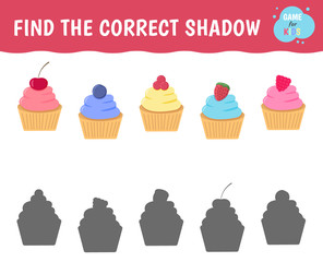 Education game for kids. Find the correct shadow. Cupcake with berries.  Vector illustration