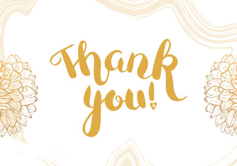 Thank You vector card with flowers and brush strokes, with elegant golden lettering
