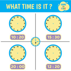 Worksheet children clock. What time is it? Kids learning   time, hours, minutes. Wall and electronic clocks.  Vector illustration.