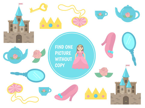 Find single picture without copy. Educational game for preschool kids. Cute game for girls. Cartoon vector illustration. 