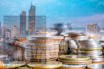 Business Concept, Finance investment saving up money for great financial purpose growing in market and business capital, gross profit with coin stacked pile graphic stock graph and charts copyspace