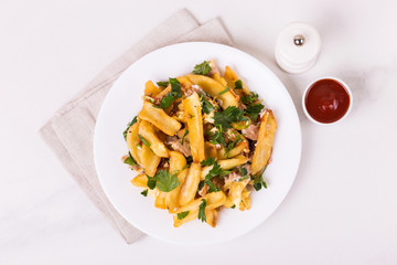 Canadian poutine french fries with brown gravy sauce, chicken and cheese curds.
