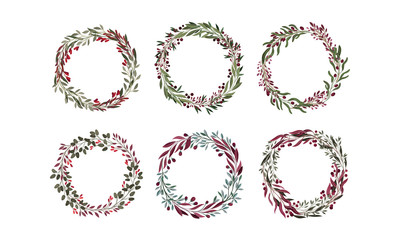 Floral Wreaths with Leafy Berry Twigs and Branches Vector Set