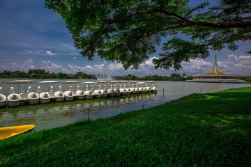 Fototapeta premium Public Park (Suan Luang Rama 9) - Bangkok: 3 May 2020, atmosphere in the park, people come to sit, walk, exercise, during the day, in Nong Bon Prawet District, Thailand