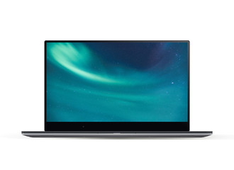 3D illustration of black monitor with screen in various shades of blue on a light gray background