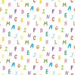 Seamless pattern with multicolored letters on white background. Vector image.
