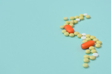 Assorted pharmaceutical medicine pills and capsules. Tablets background. Bunch of different pills. Healthcare