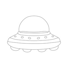 Silhouette of a cartoon doodle kids UFO spaceship. Alien spaceship. Futuristic unknown flying object. Vector stock illustration isolated on a white background.