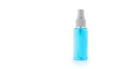 transparent blue alcohol gel in spray bottle in white background