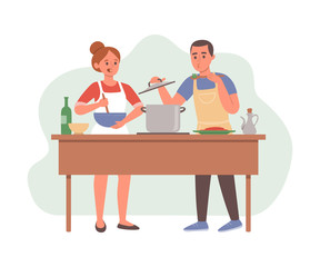 Man and woman preparing food in kitchen. Couple cooking lunch or dinner together at home. Family having fun together. Vector illustration isolated on white background.