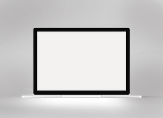 3D illustration of black computer with white screen on a light gray background