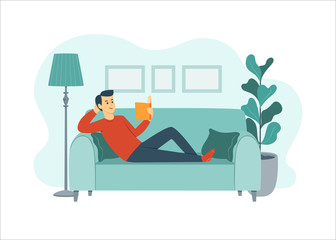 Man lying on a sofa and reading a book. Flat design illustration of a livingroom, with a plant, some pictures and a lamp. Drawing isolated on white background.