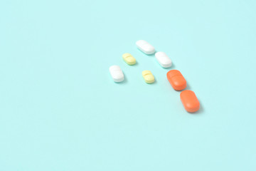 Assorted pharmaceutical medicine pills and capsules. Tablets background. Bunch of different pills. Healthcare