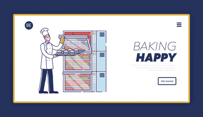 Website Landing Page. Manufacturing Process In Bakery With Chef, Baker Or Confectioner In Uniform Put Cupcakes To Industrial Oven To Bake. Web Page Cartoon Linear Outline Flat Vector Illustration