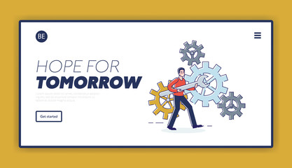 Website Landing Page. Male Character Repairs Cogwheel Mechanism With Wrench. Metaphor Of Solution Problem In Business And Everyday Life. Web Page Cartoon Linear Outline Flat Style Vector Illustration