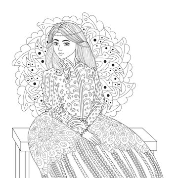 Coloring book for adults with a beautiful medieval princess in the historical outfit sitting on a bench