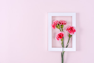 Mother's Day, Valentine's Day background design concept, beautiful pink, red carnation flower bouquet on pink table, top view, flat lay, copy space.