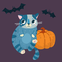 Helloween vector stock illustration with cute cat in a witch hat, bats and pumpkin