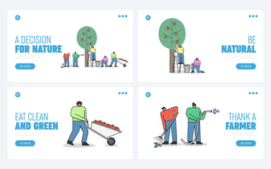 Website Landing Page. Men And Women Working On Apple Plantation Use Gardening Tools. People Picking Apples And Care Of Eco Farm. Web Page Cartoon Linear Outline Flat Style. Vector Illustrations Set
