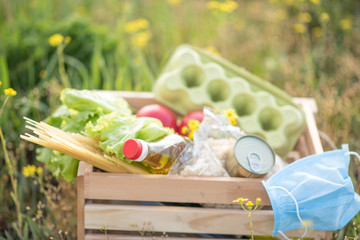 man holding a basket with vegetables. fresh vegetables in a basket. picnic in the garden. Coronavirus. Woman with face mask on quarantine. Stay at home. Enjoy cooking at home. Family concept. 