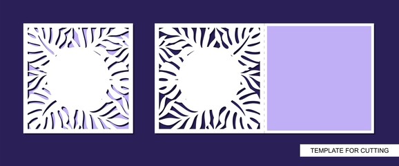 Greeting card folding in half with a pattern of leaves. Spring and summer theme of nature. Place for text (copy space). Template for plotter laser cutting of paper, cardboard. Vector illustration.