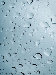 Drops of water running down the windshield of a car. Photo taken from a low angle, so the dark sky can be seen vaguely through the raindrops.
