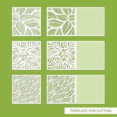 Set of cards folding in half with a floral pattern of leaves cut out of paper. Beautiful vector invitation or congratulation template. Place for text (copy space). Design for plotter laser cutting.