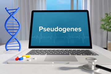 Pseudogenes – Medicine/health. Computer in the office with term on the screen. Science/healthcare